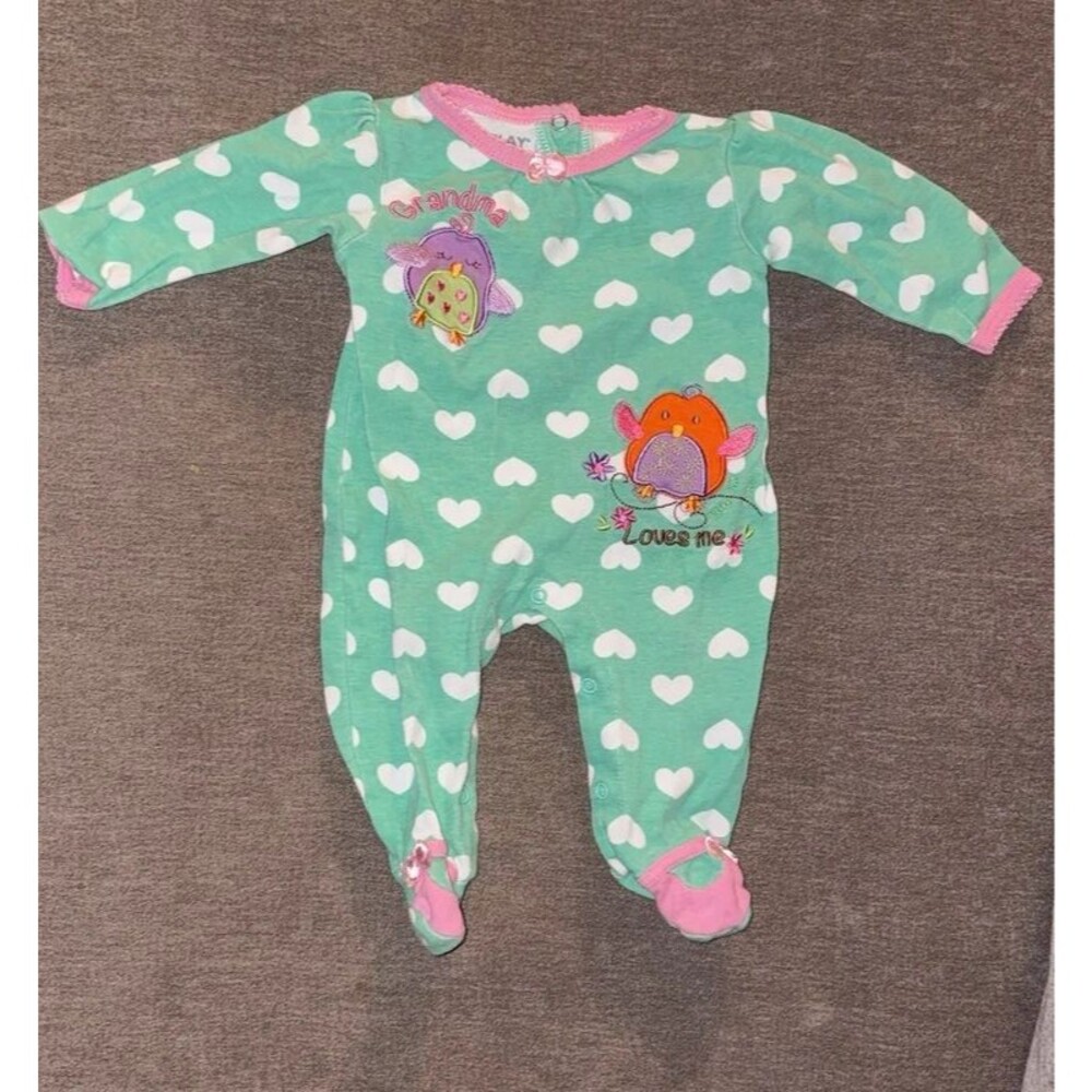 Green Infant Sleeper Owls Pink Detail Size 6-9 Months 100% Cotton